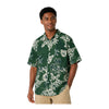 Men's Dark Green Tropical Floral Print Hawaiian Shirt, Summer Short Sleeve Casual Button-Down Shirt
