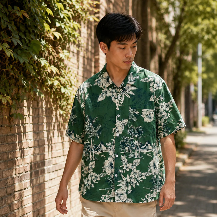 Men's Dark Green Tropical Floral Print Hawaiian Shirt, Summer Short Sleeve Casual Button-Down Shirt - 街拍 1 - img_mqgp8ze4_2f0c045e