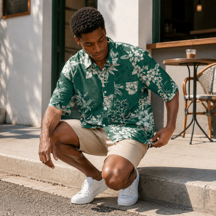Men's Dark Green Tropical Floral Print Hawaiian Shirt, Summer Short Sleeve Casual Button-Down Shirt - 街拍 2 - img_mqgpb90q_0ace3e0f