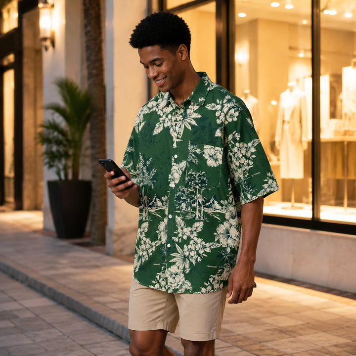 Men's Dark Green Tropical Floral Print Hawaiian Shirt, Summer Short Sleeve Casual Button-Down Shirt - 街拍 3 - img_mqgpcfce_8bc36a18