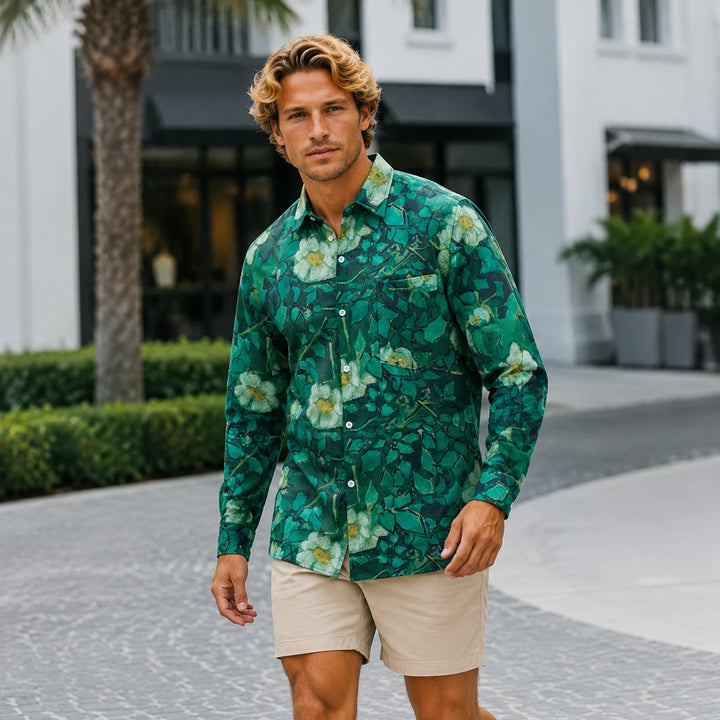 Green Floral - Print Long - Sleeve Shirt - 街拍 1 - img_mqgu7eak_424a4c37