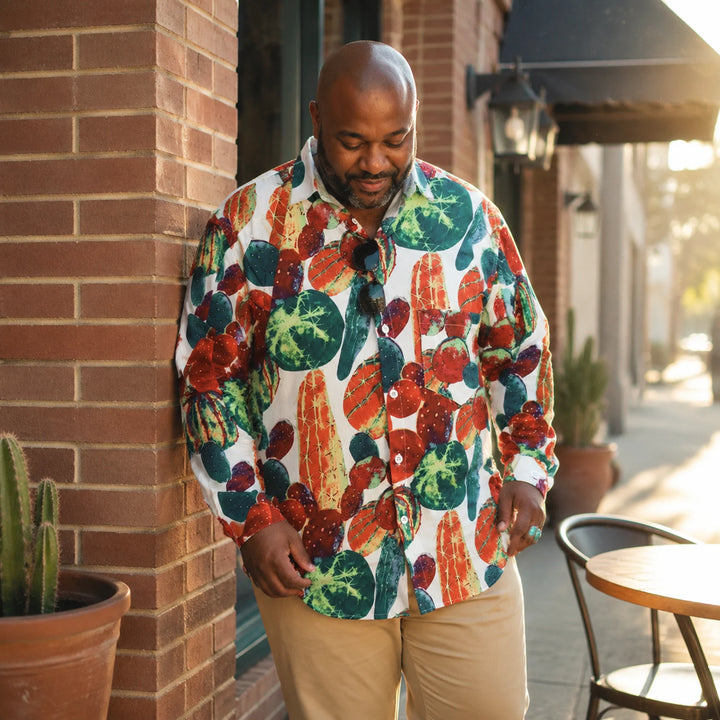 Men's Cactus Print Long Sleeve Shirt Casual Hawaiian Button-Down Beach Blouse - 街拍 3 - img_mqh0mu78_e375693d