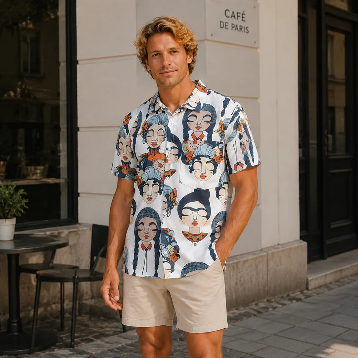 Artistic Chinese Girl Print Hawaiian Shirt, Summer Short Sleeve Button Down Beach Shirt - 街拍 2 - img_mqh335lr_5a42ac62