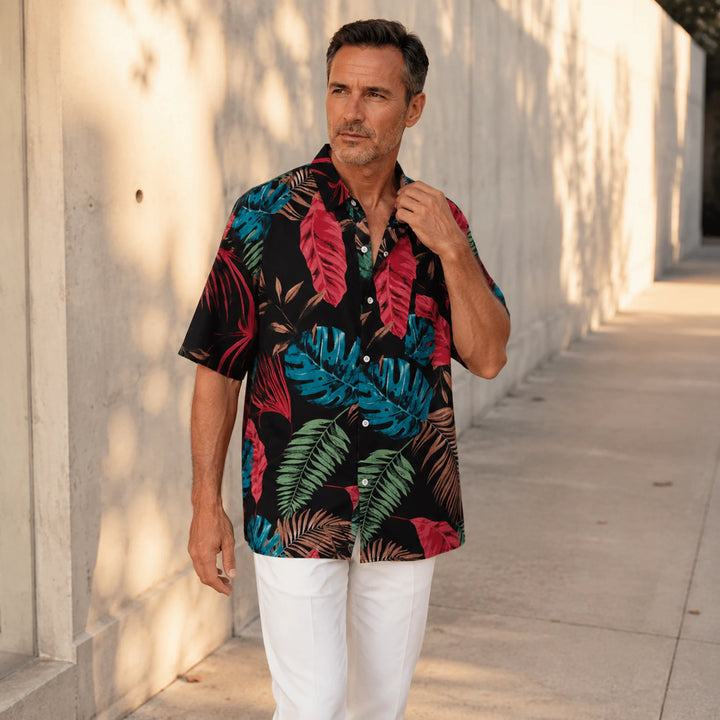 Men's Black Tropical Leaf Print Hawaiian Shirt, Summer Short Sleeve Casual Button-Down Shirt - 街拍 1 - img_mqh36yl3_0343a025