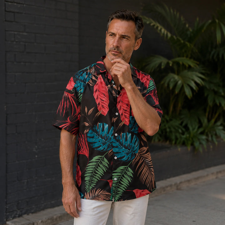 Men's Black Tropical Leaf Print Hawaiian Shirt, Summer Short Sleeve Casual Button-Down Shirt - 街拍 2 - img_mqh37jln_364fcc06