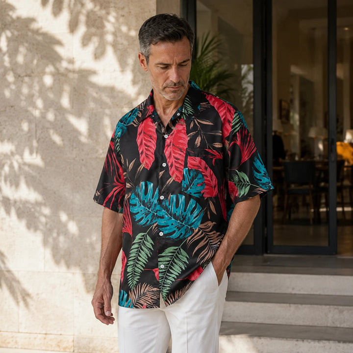 Men's Black Tropical Leaf Print Hawaiian Shirt, Summer Short Sleeve Casual Button-Down Shirt - 街拍 3 - img_mqh382n0_a471cf2f
