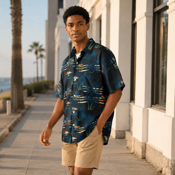 Men's Night Tropical Palm Print Hawaiian Shirt, Summer Short Sleeve Casual Button-Down Shirt - 街拍 1 - img_mqh3bfnc_5dba1a00