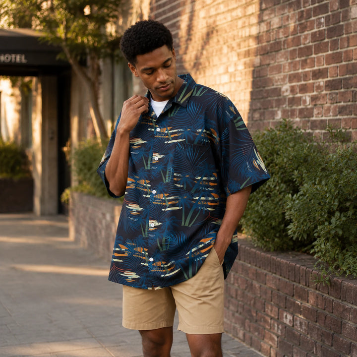 Men's Night Tropical Palm Print Hawaiian Shirt, Summer Short Sleeve Casual Button-Down Shirt - 街拍 2 - img_mqh3bsnt_698c814f