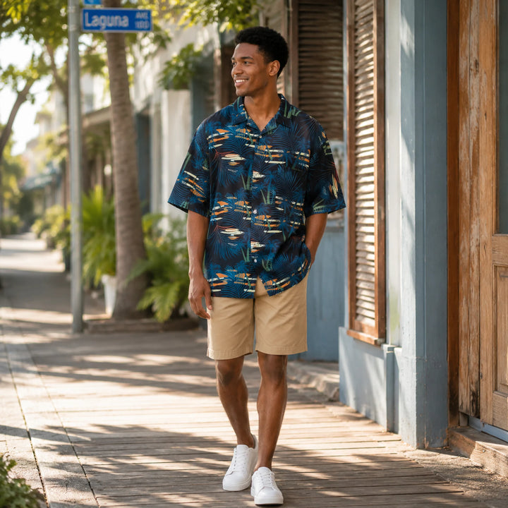 Men's Night Tropical Palm Print Hawaiian Shirt, Summer Short Sleeve Casual Button-Down Shirt - 街拍 3 - img_mqh3cljj_03056b68