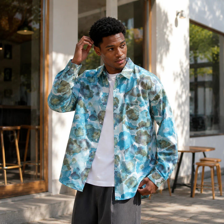Men's Blue Watercolor Floral Print Long Sleeve Casual Button-Down Beach Shirt - 街拍 1 - img_mqh3oe9a_c2c7a75f
