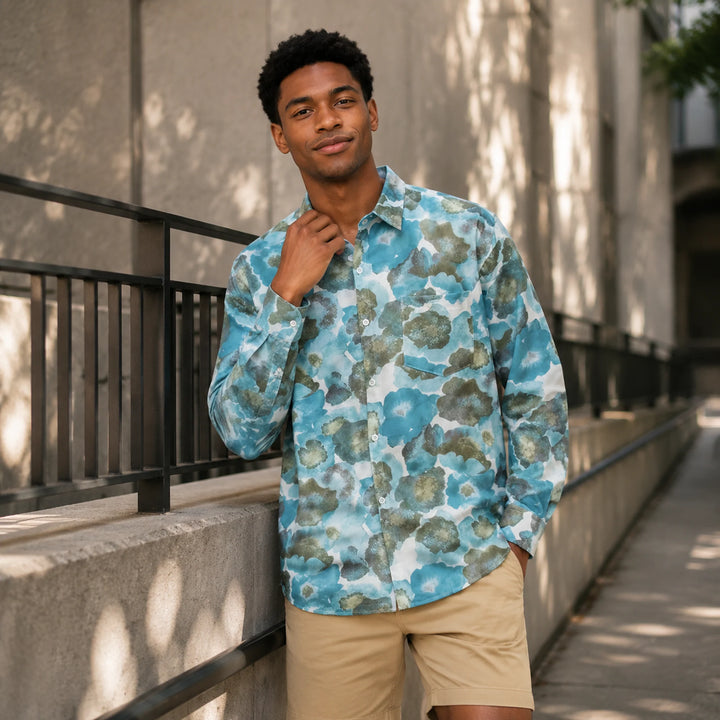 Men's Blue Watercolor Floral Print Long Sleeve Casual Button-Down Beach Shirt - 街拍 3 - img_mqh3pc1s_ec217070