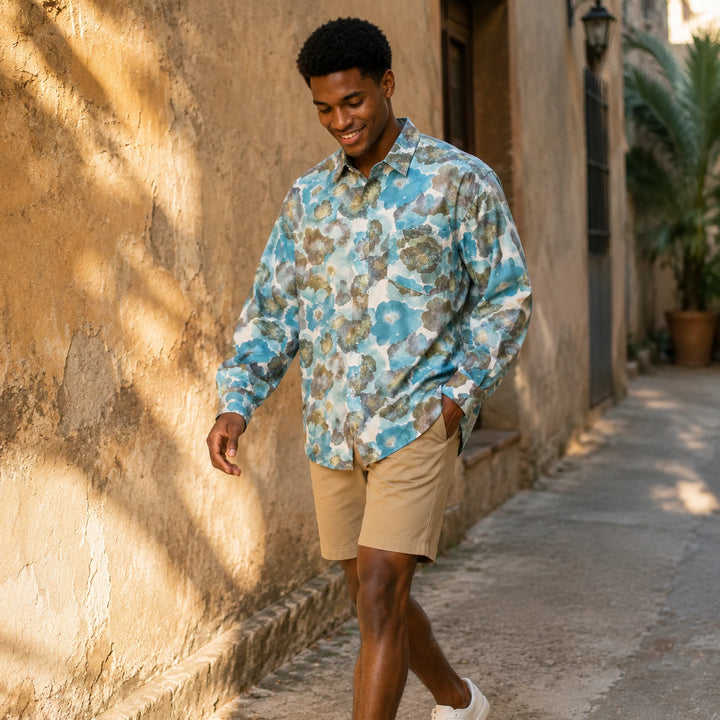 Men's Blue Watercolor Floral Print Long Sleeve Casual Button-Down Beach Shirt - 街拍 2 - img_mqh3plx1_ba1e1bdf
