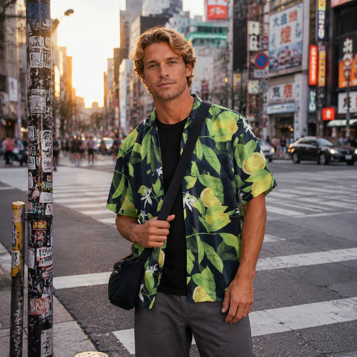 Lemon Grove Print Hawaiian Shirt, Summer Short Sleeve Button Down Beach Shirt - 街拍 1 - img_mqh46xgw_17005123