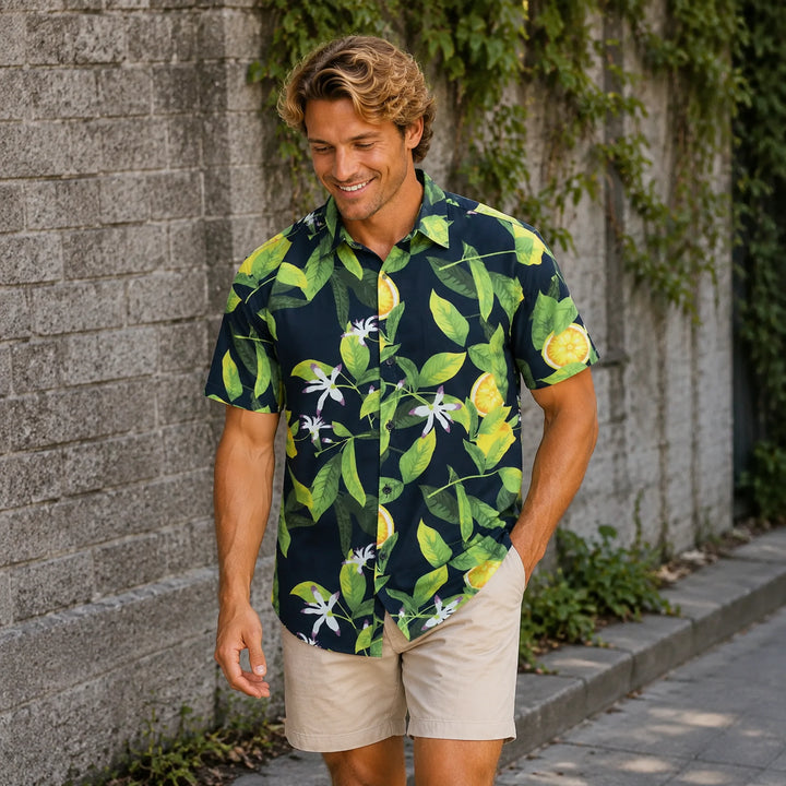 Lemon Grove Print Hawaiian Shirt, Summer Short Sleeve Button Down Beach Shirt - 街拍 2 - img_mqh47q0u_2bc807d9