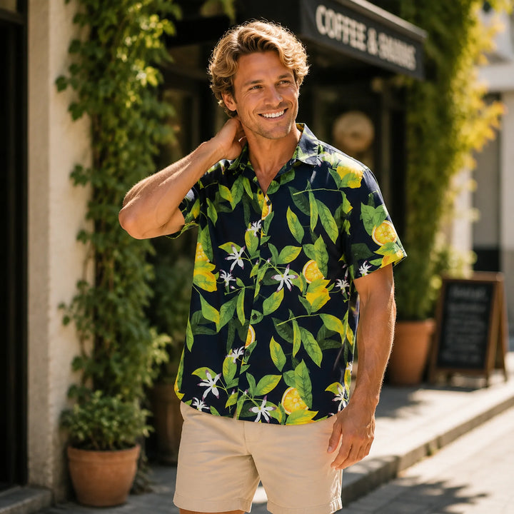 Lemon Grove Print Hawaiian Shirt, Summer Short Sleeve Button Down Beach Shirt - 街拍 3 - img_mqh483g8_2c846c01