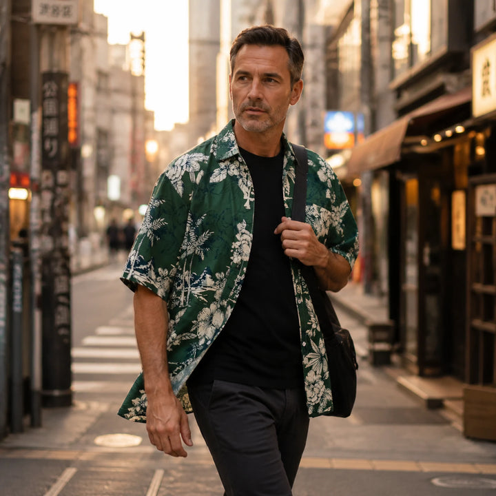 Men's Dark Green Tropical Floral Print Hawaiian Shirt, Summer Short Sleeve Casual Button-Down Shirt - 街拍 1 - img_mqh4b2fr_df2fe4d2