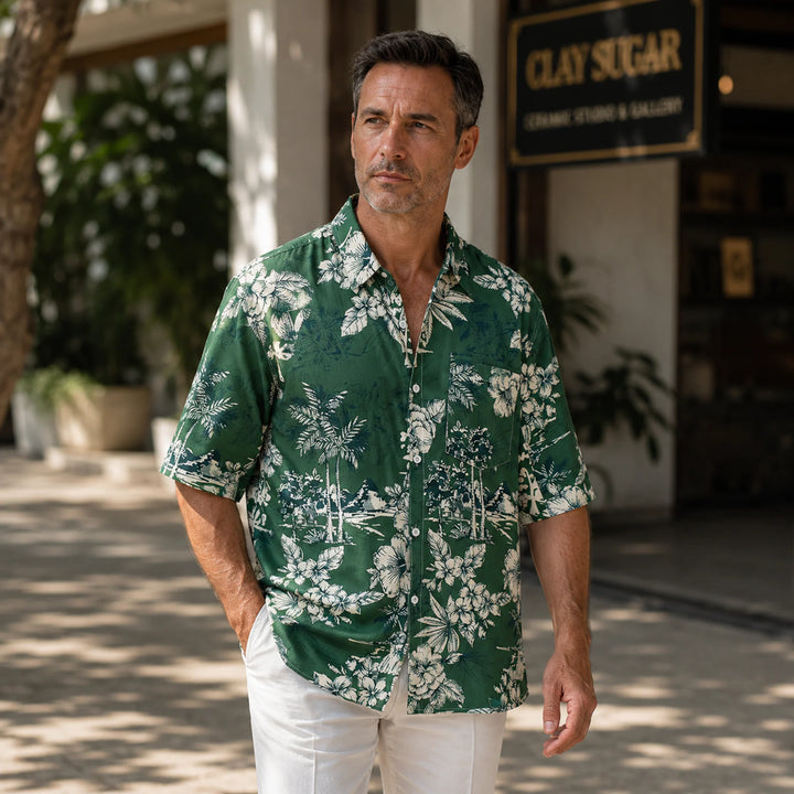 Men's Dark Green Tropical Floral Print Hawaiian Shirt, Summer Short Sleeve Casual Button-Down Shirt - 街拍 3 - img_mqh4d7dw_7edcc516