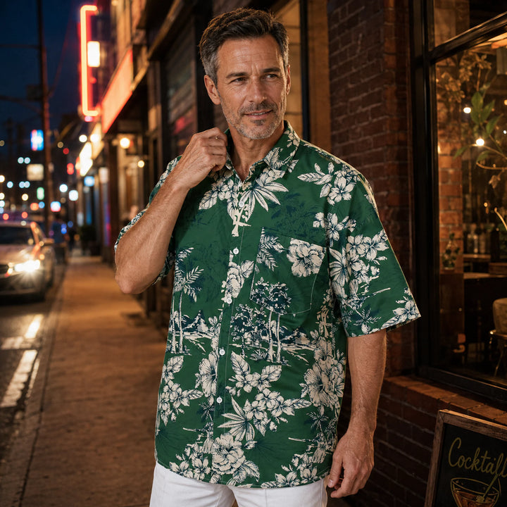 Men's Dark Green Tropical Floral Print Hawaiian Shirt, Summer Short Sleeve Casual Button-Down Shirt - 街拍 2 - img_mqh4dkkk_6a9dcca0