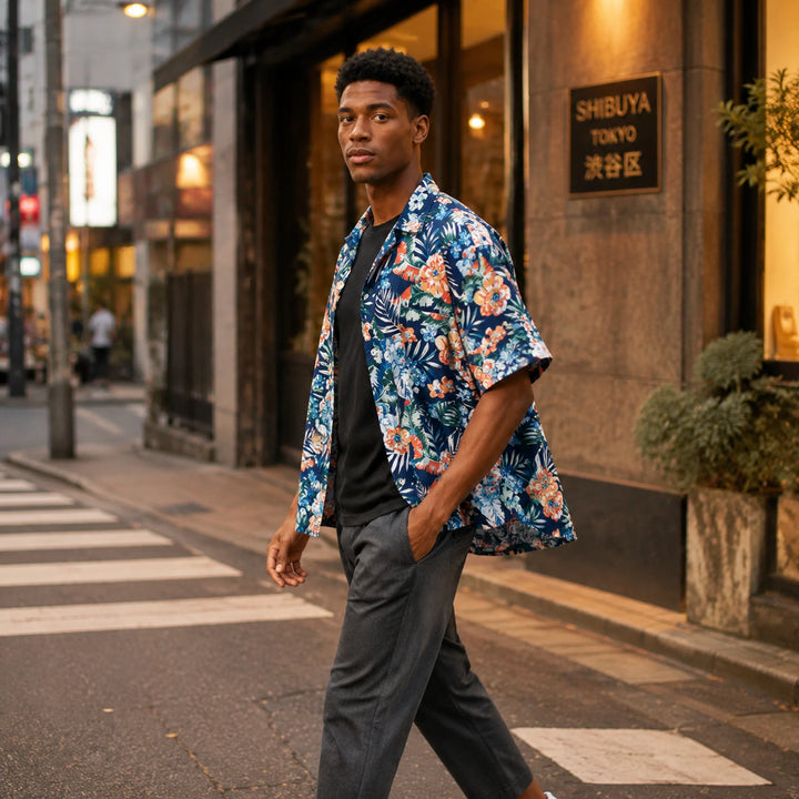 Men's Navy Tropical Floral Print Hawaiian Shirt, Summer Short Sleeve Casual Button-Down Shirt - 街拍 1 - img_mqh4gr6a_ccea87f4