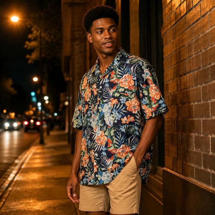 Men's Navy Tropical Floral Print Hawaiian Shirt, Summer Short Sleeve Casual Button-Down Shirt - 街拍 2 - img_mqh4hntj_bf7e1c07
