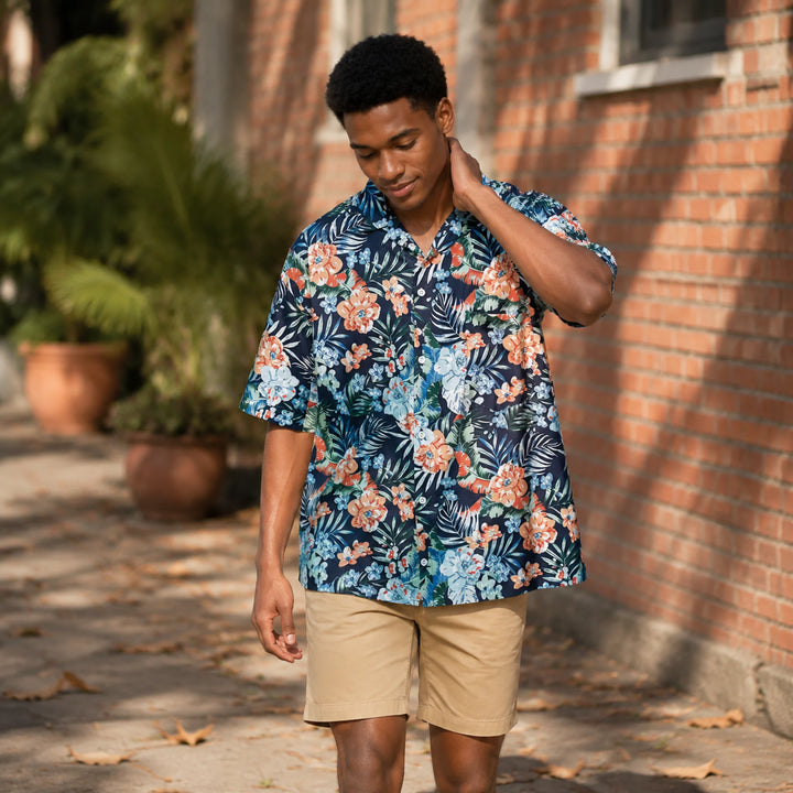 Men's Navy Tropical Floral Print Hawaiian Shirt, Summer Short Sleeve Casual Button-Down Shirt - 街拍 3 - img_mqh4htoh_bf1d3da8