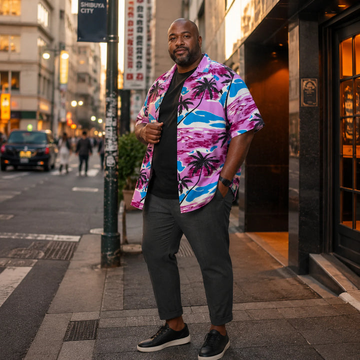 Vibrant Purple Palm Tree Print Hawaiian Shirt, Summer Short Sleeve Button Down Beach Shirt - 街拍 1 - img_mqh4m1hg_80fcb7b4
