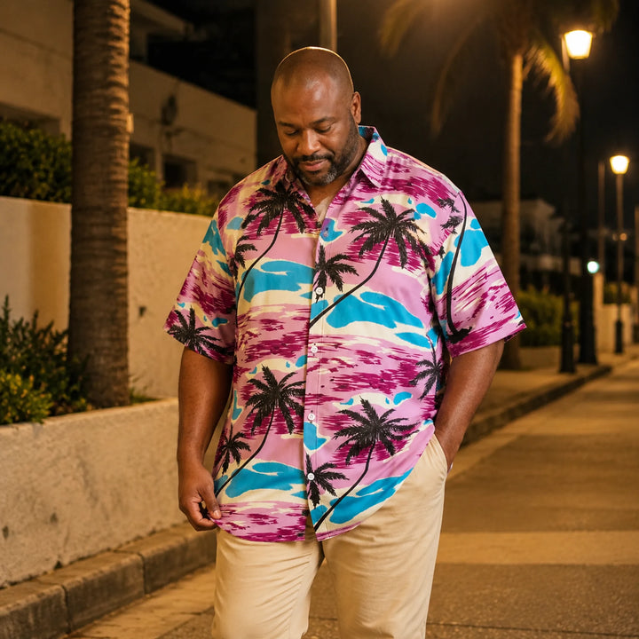 Vibrant Purple Palm Tree Print Hawaiian Shirt, Summer Short Sleeve Button Down Beach Shirt - 街拍 2 - img_mqh4mepq_a89fac29