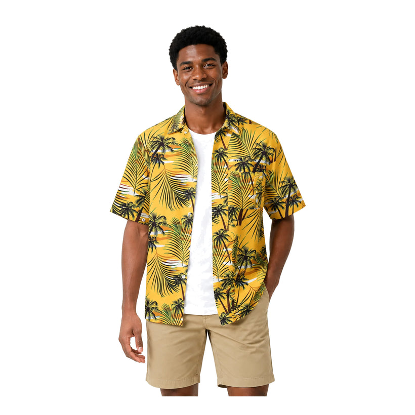 Men's Yellow Tropical Palm Print Hawaiian Shirt, Summer Short Sleeve Casual Button-Down Shirt - 白底半身 2 - img_mqh4y4ow_28316bea