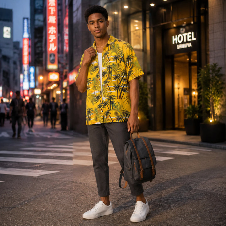 Men's Yellow Tropical Palm Print Hawaiian Shirt, Summer Short Sleeve Casual Button-Down Shirt - 街拍 1 - img_mqh4z6zo_e048c6f5