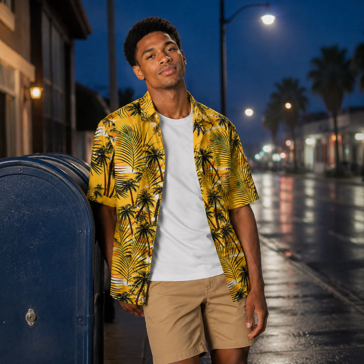 Men's Yellow Tropical Palm Print Hawaiian Shirt, Summer Short Sleeve Casual Button-Down Shirt - 街拍 2 - img_mqh507zp_bd546e0f