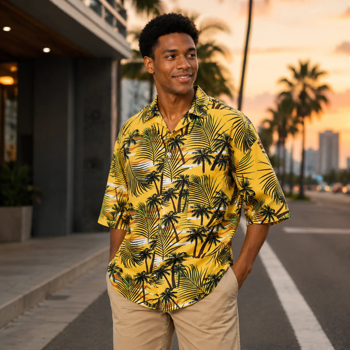 Men's Yellow Tropical Palm Print Hawaiian Shirt, Summer Short Sleeve Casual Button-Down Shirt - 街拍 3 - img_mqh509ex_d5242d9c