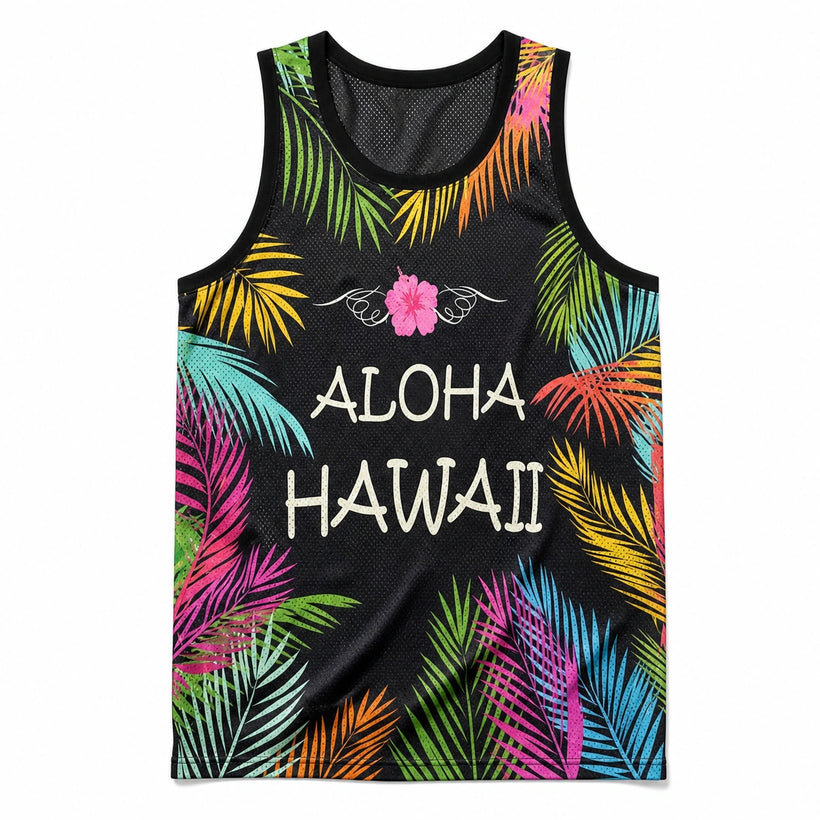 Men's Black Aloha Hawaii Tropical Tank Top - product-only front view on white background