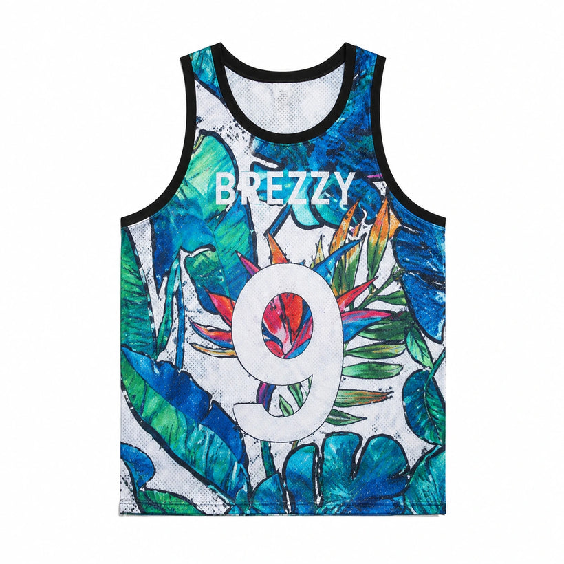 Men's Breezy 99 Tropical Graphic Tank Top - product-only front view on white background