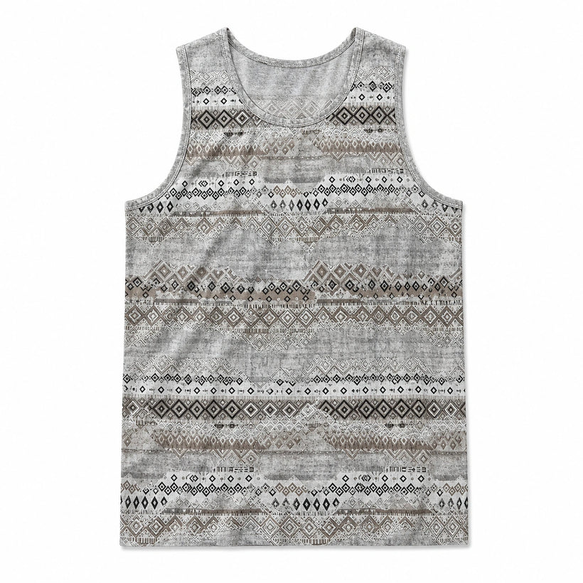 Men's Grey Aztec Stripe Print Tank Top - product-only front view on white background