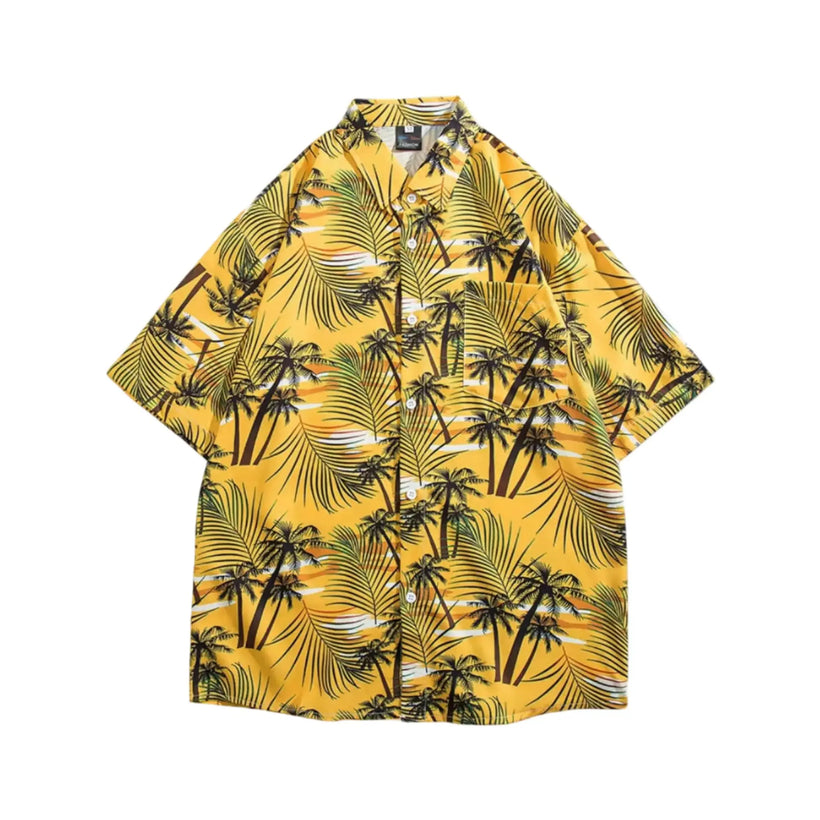 Men's Yellow Tropical Palm Print Hawaiian Shirt, Summer Short Sleeve Casual Button-Down Shirt