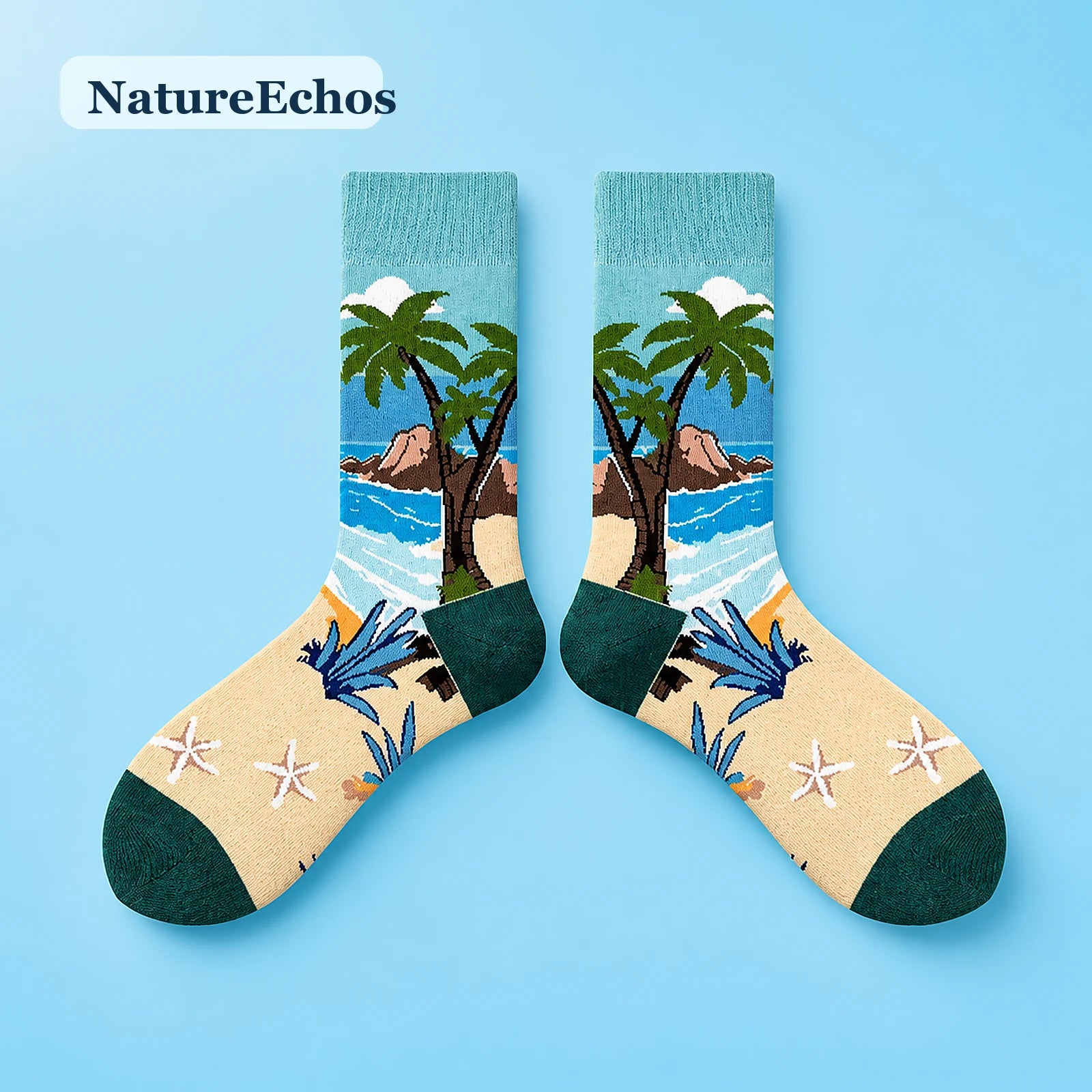 NatureEchos tropical summer socks on a sky-blue background